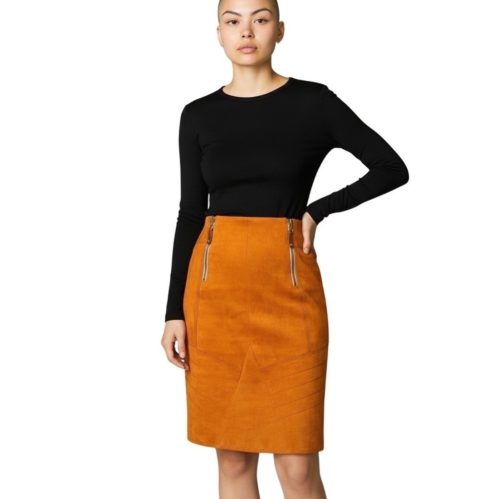 Sportalm Pencil Skirt Raelyn Faux Suede Double Front Zipper Moto Ochre Orange  6